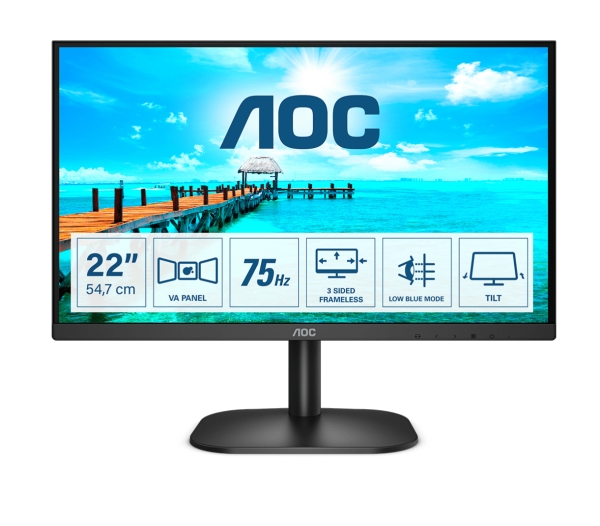 22b2h Eu   Led Skærm   22" (21.5" Til At Se)   1920 X 1080 Full Hd (1080p) @ 75 Hz   Va   200 Cd M²   3000:1   4 Ms   Hdmi, Vga   Sort fra Aoc